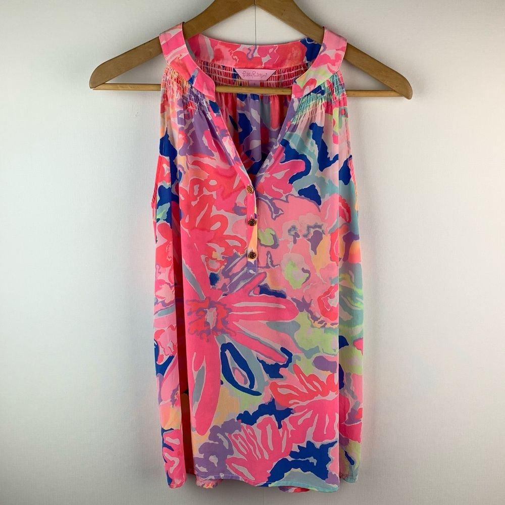 Lilly Pulitzer Women’s Bailey Silk Tank Top sleeveless v-neck golden buttons S